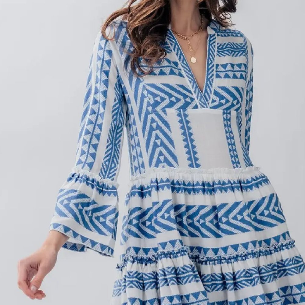 GEO PATTERN RUFFLE BELL SLEEVE DRESS - Picture 2 of 6